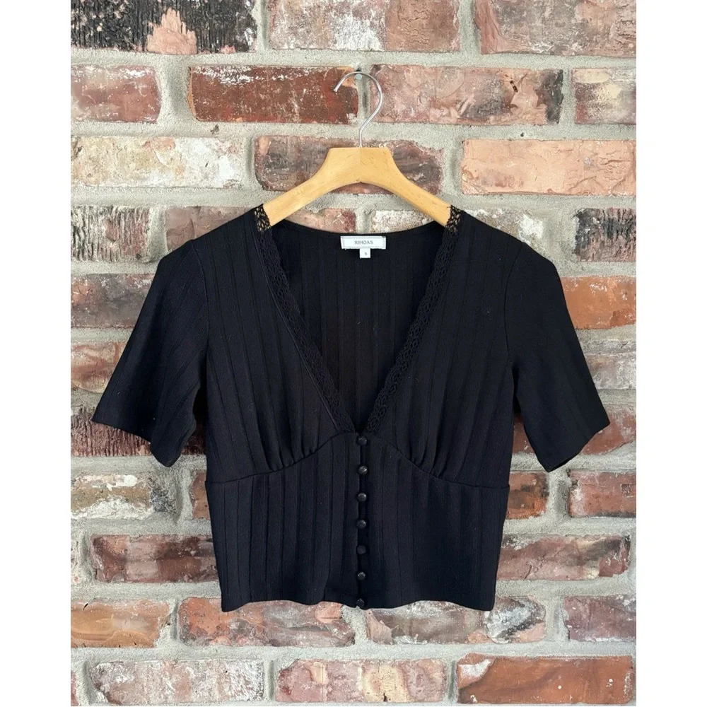 Rihoas Black Lace Trim Ribbed Crop Short Sleeve Shirt Top, S - Picture 1 of 6